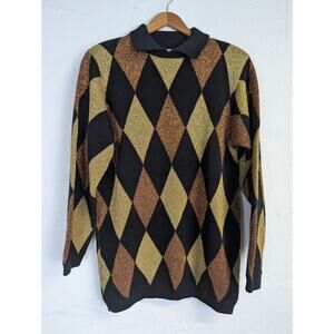 Vtg Alfred Dunner Metallic Sweater Tunic Argyle Gold Collared Medium Petite